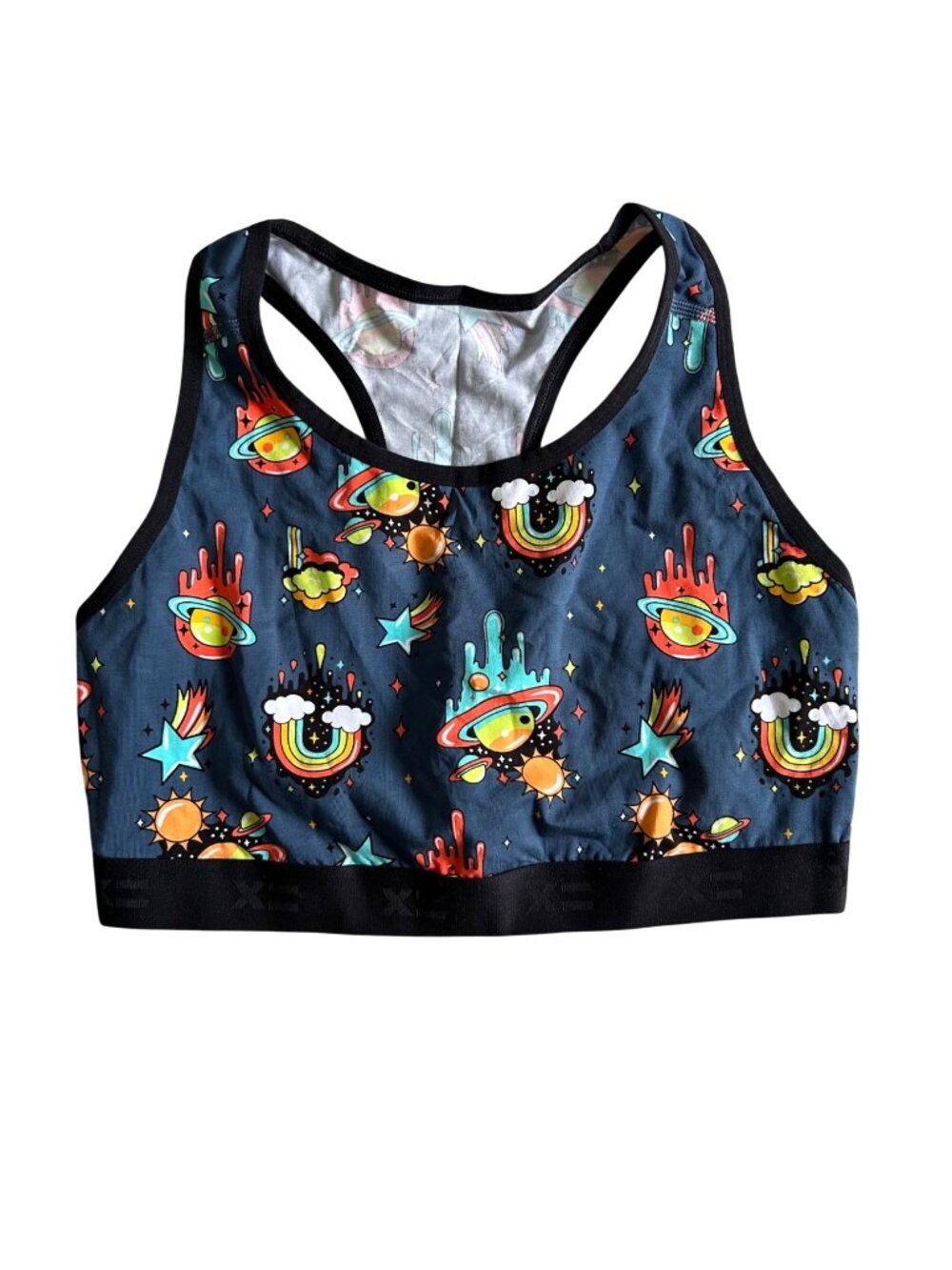 TomboyX Women's Sz Medium Racerback Sports Bra With Cosmic Print & Elastic Band